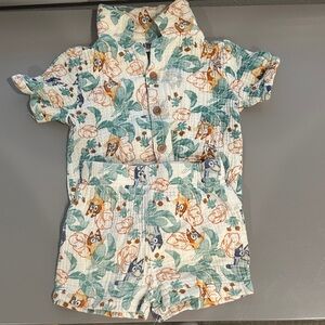 Toddler Short Set with Leaf & Fox Print - White, Green, Orange